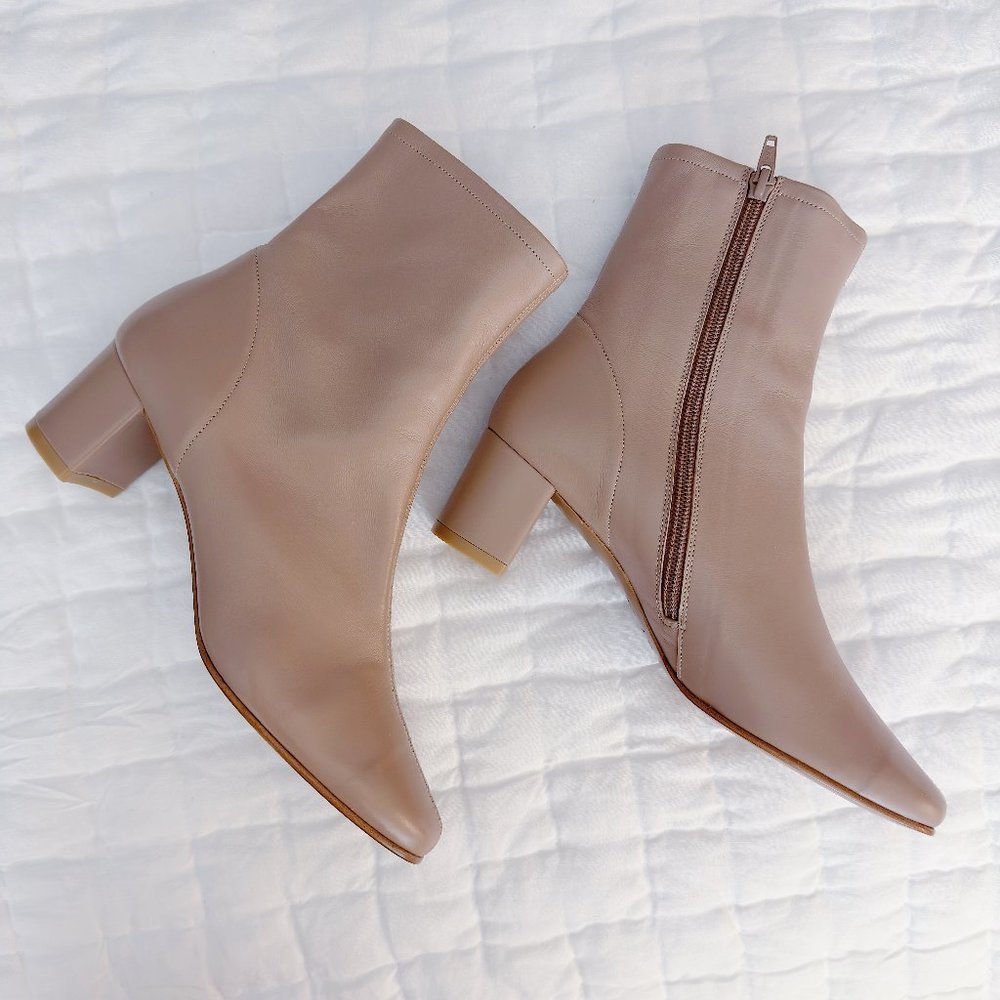 New $495 Sz 38 BY FAR Sofia Nude Neutral Italian Leather Ankle Boot Block Heel